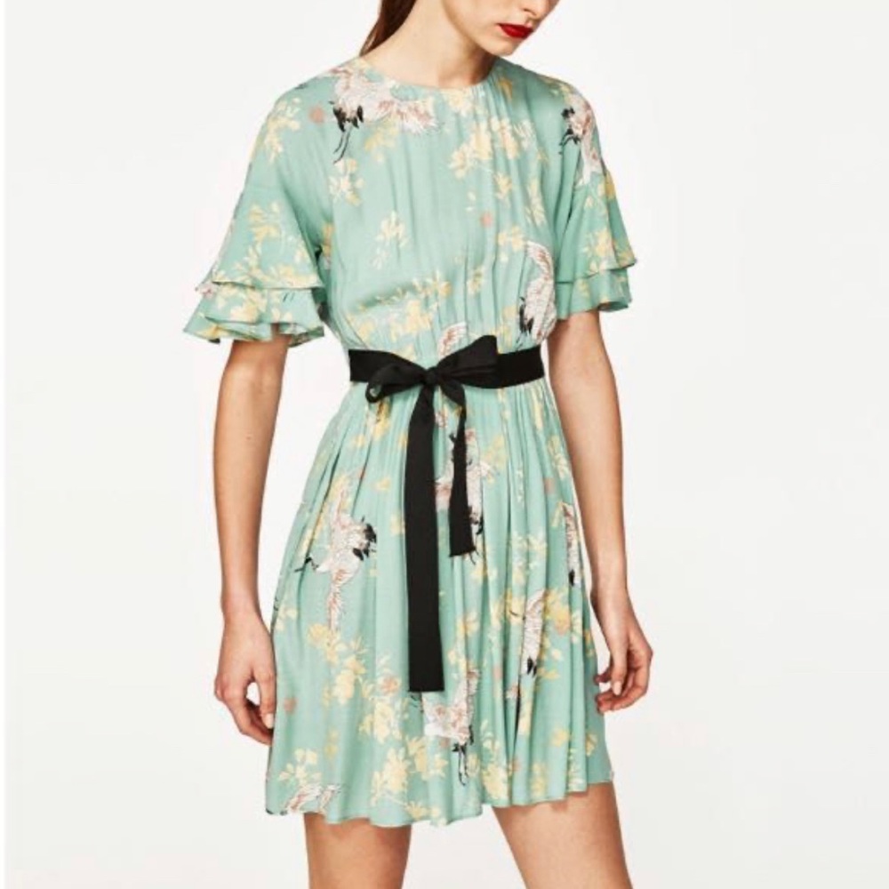 Zara Basic Sz L Heron Print Dress Green